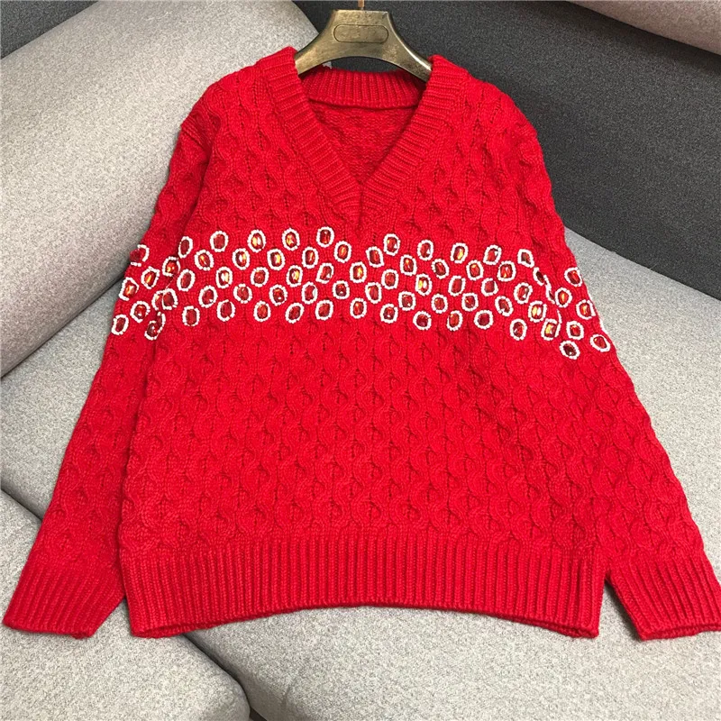 

Роскошный дизайнерский брендовый вязаный пуловер для женщин Винтажный Свободный вязаный свитер с V-образным вырезом и бусинами со стразами