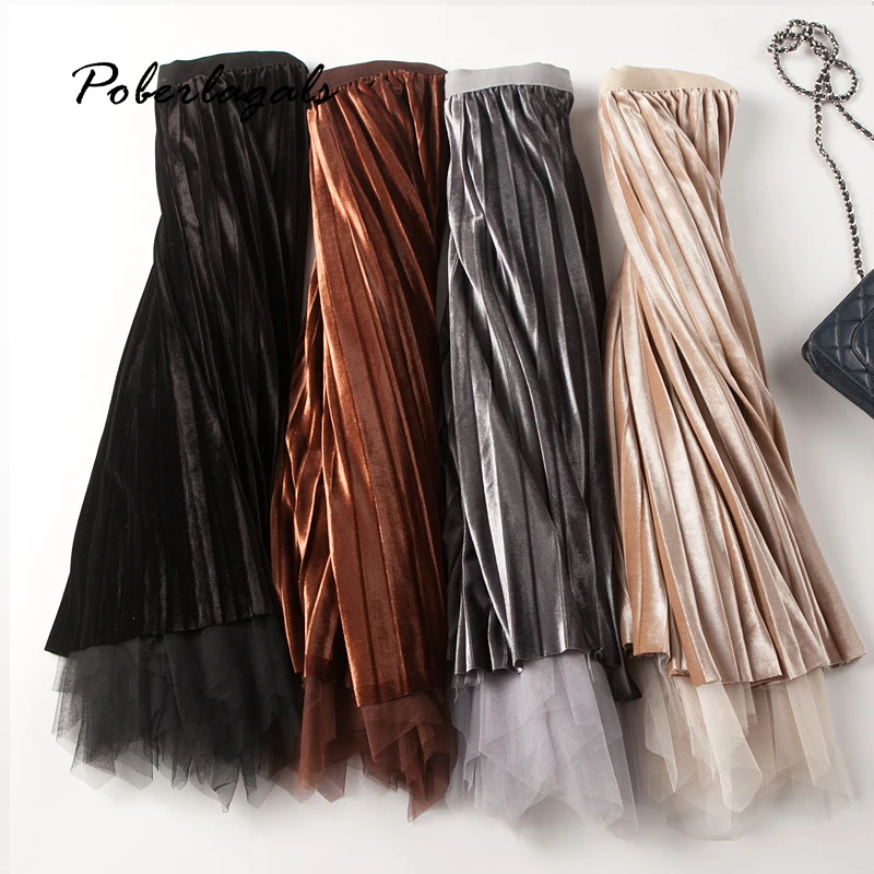 Женская плиссированная юбка с высокой талией бархатная двойным верхом из Джерси