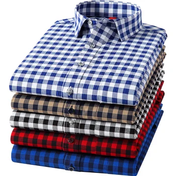 2022 New Plaid Shirts For Mens Long Sleeve Cotton Casual Dress Shirts Man Chest Pocket Regular-Fit Men Social Shirt Clothing 4XL 1