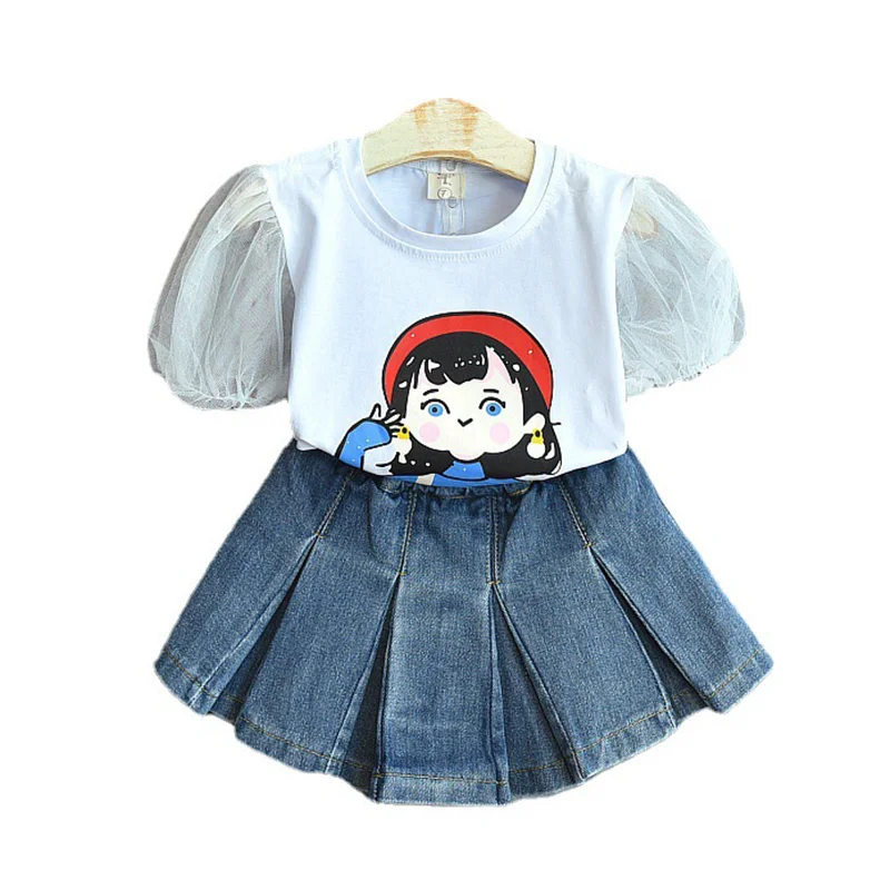 

MudiPanda Fashion Korean Little Girls Clothing Set Cartoon Printed Lace Sleeve Shirt&Denim Shorts Summer Cute Children Outfits