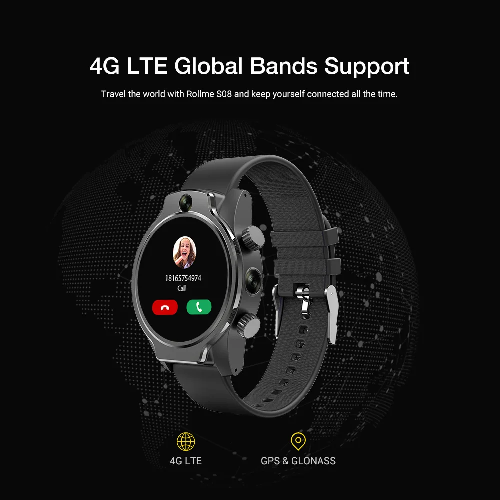 

Rollme S08 4G Smart Watch Men IP68 Waterproof 3GB 32GB Face ID 8MP Dual Cameras 1360mAh Smartwatch Android WIFI GPS Phone Watch
