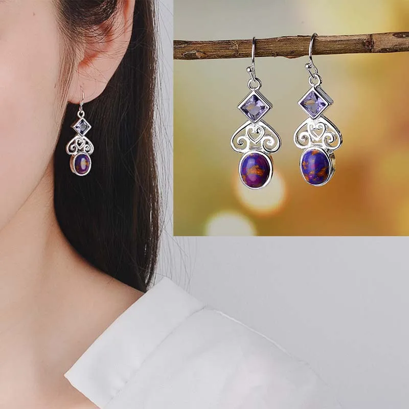 Boho, зеленый камень, маленькие висячие серьги, для женщин, полые серьги, висячие, серебряный цвет, винтажные индийские ювелирные изделия, крючок, серьги, этнические, DBE043