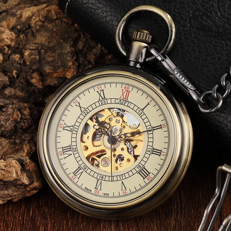 

Unique Vintage hanical Poet Watch Men Bronze Roman Number Dial Steampunk FOB Chain Hollow Skeleton Steampunk Clo Watches