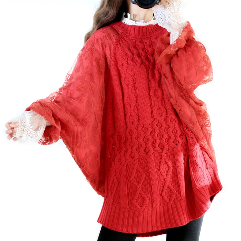 

2021 Autumn and Winter European Station Round Neck Mid-length Bat Sleeves Lace Red Twist Pullover Women's Cape