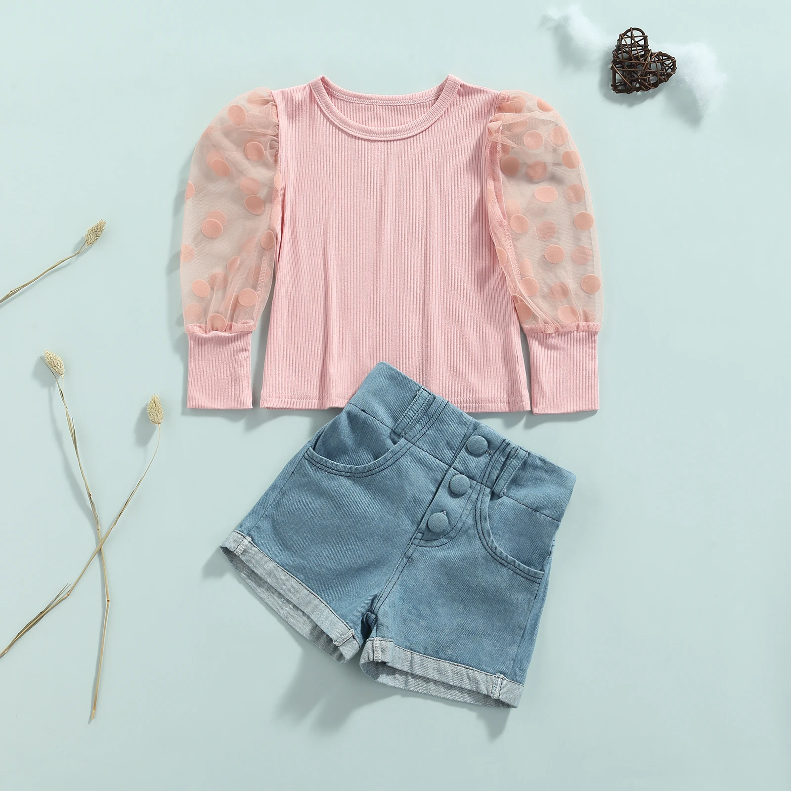 

1-6 Years 2pcs Sweet Style Little Girls Outfit, Summer Dot Mesh Splicing Puff Long Sleeve Round Collar Tops + Denim Shorts Set