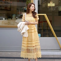 high quality yellow lace dress 2019 summer womens short sleeved o neck hollow crochet slim dance party long dress