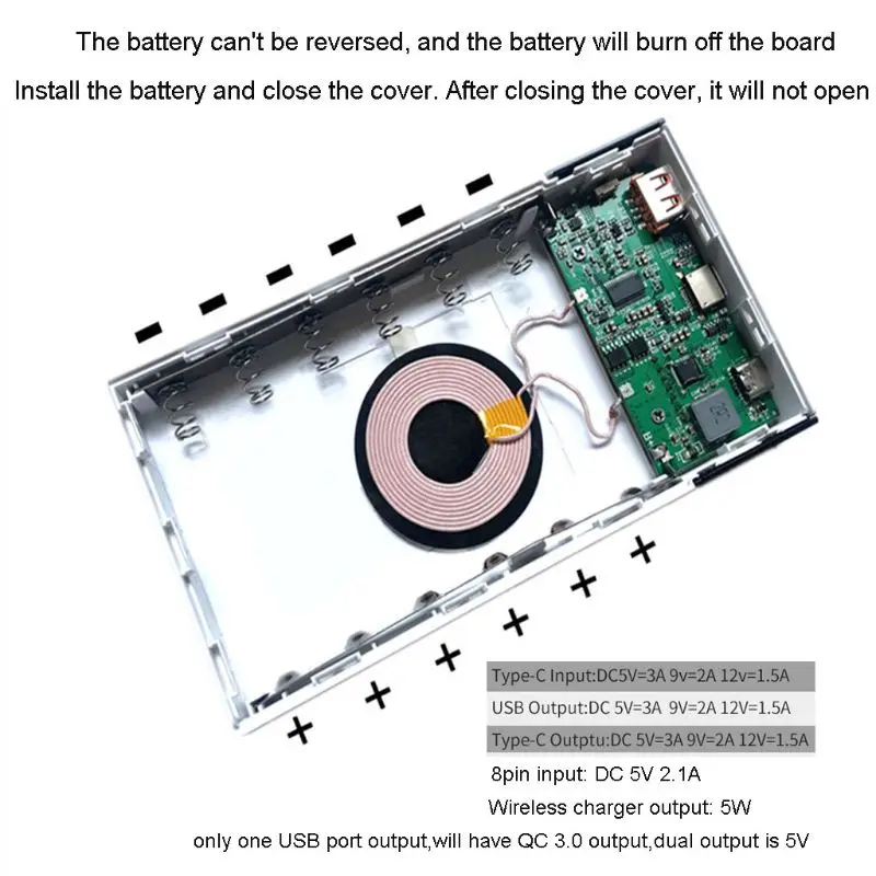 6x18650 Батарея DIY Qi Беспроводной Зарядное устройство QC3.0 Тип USB C быстрой зарядки PD