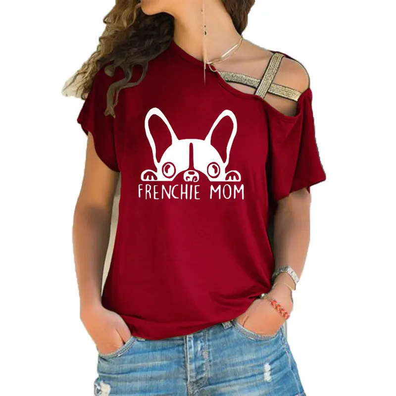 Summer Frenchie Mom Fashion French Bulldog Print T Shirt Women Short Sleeve T-shirt Irregular Skew Cross Bandage Tee Tops | Женская