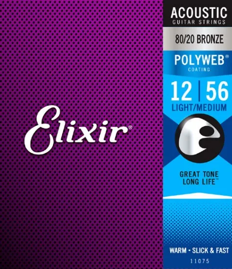 Оригинальные струны Elixir 11075 Polyweb 80/20 бронзовые для акустической гитары. 012 .056