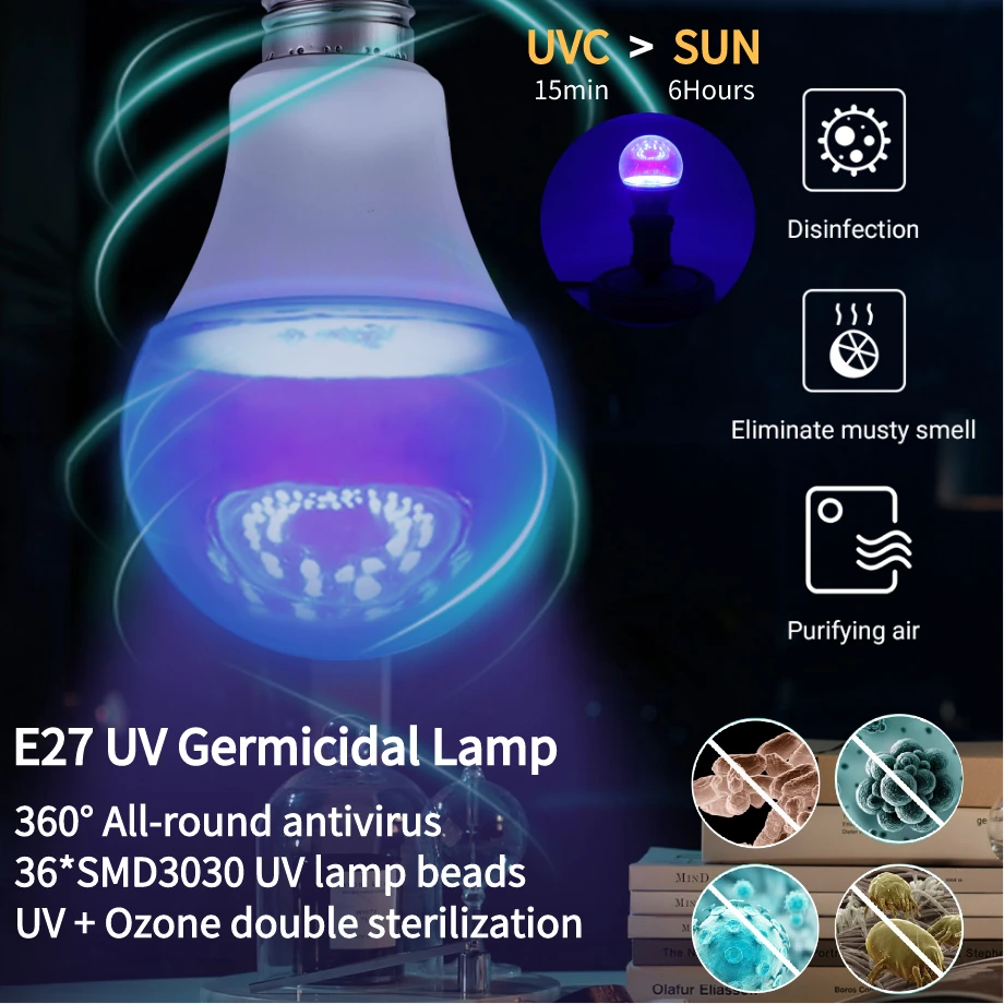 Ультрафиолетовая стерилизационная лампа E27 UVC 36 светодиодов бактерицидная для