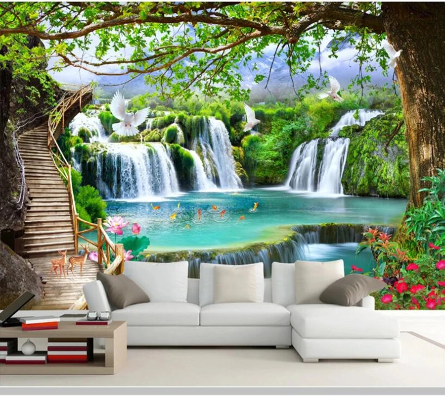 

Papel de pared green big tree forest waterfall landscape bridge 3d wallpaper mural,living room bedroom wall papers home decor