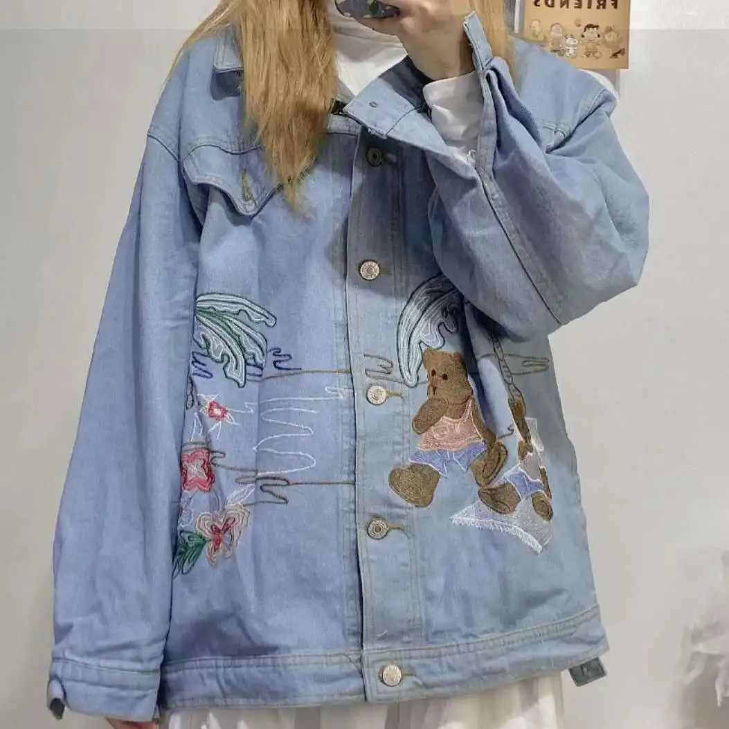 

Deeptown/джинсовая куртка с вышивкой; Сезон осень-зима; Модная винтажная корейская модная одежда для женщин; Хлопковая свободная повседневная к...