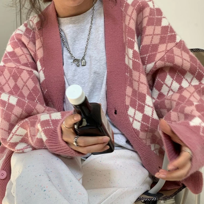 

CMAZCMAZCMAZ Plaid Contrast Color Sweater Loose Sweater Cardigan Women's Autumn