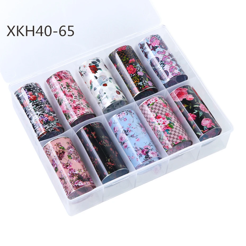 XKH40-65 10 шт./компл. голографический лак для ногтей Фольга зимние, с цветочным принтом «розы» для Хэллоуина с леопардовым принтом ногтевое искусство, Переводные Стикеры водная горка Nail Art Наклейки LEXK - Цвет: XKH40-65