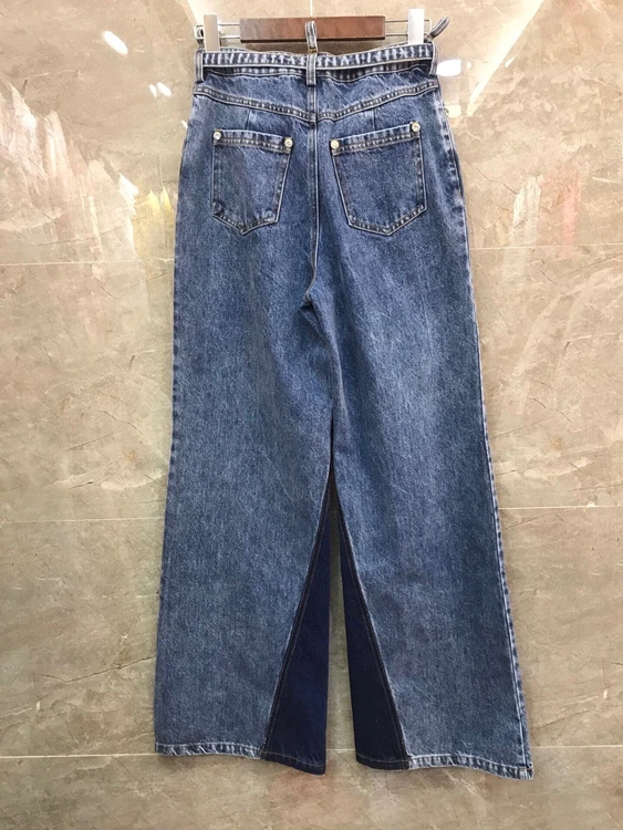 

2021 early spring new women's buckle belt decoration color matching casual all-match denim straight pants 115