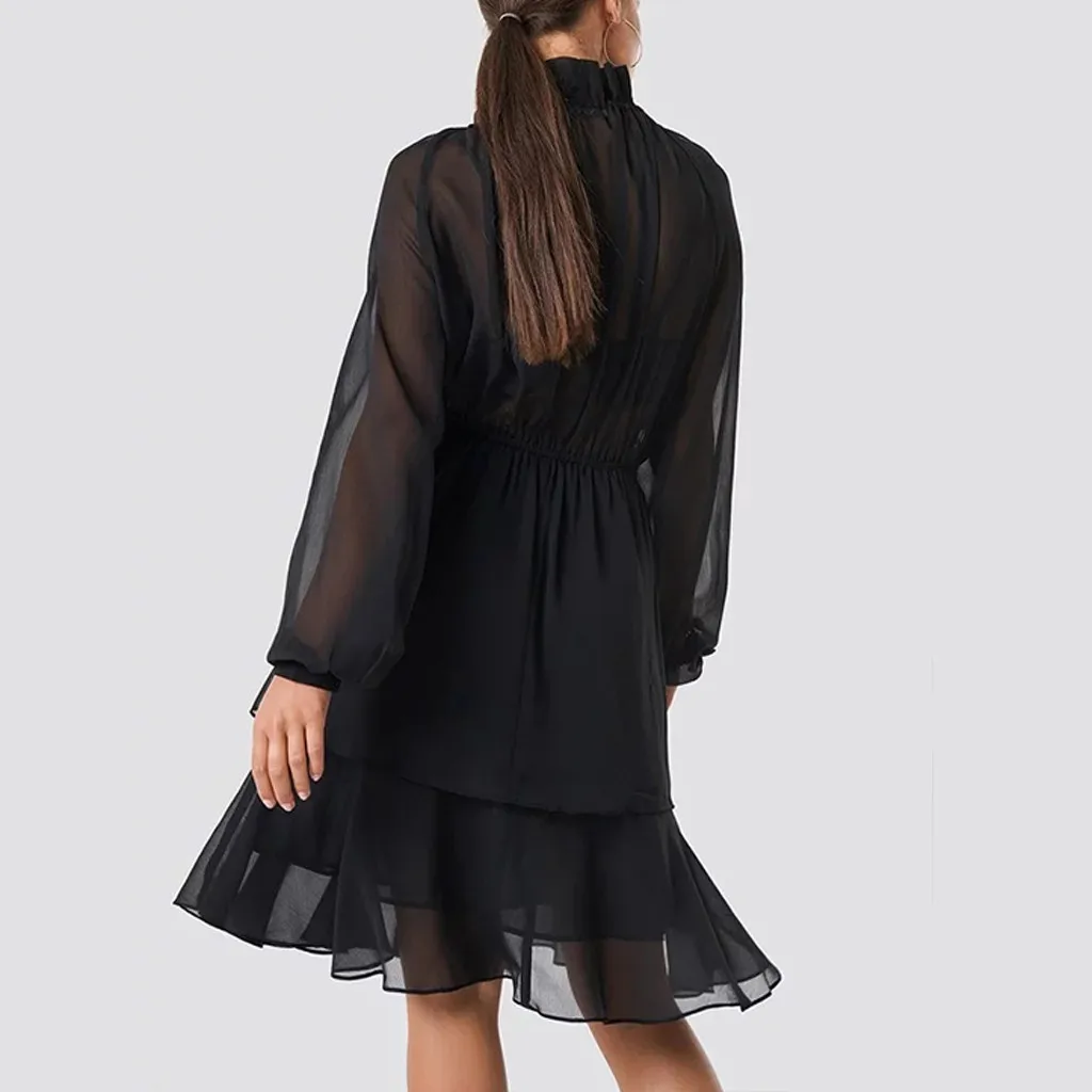 Женское шифоновое платье с V-образным вырезом длинным рукавом | Женская одежда