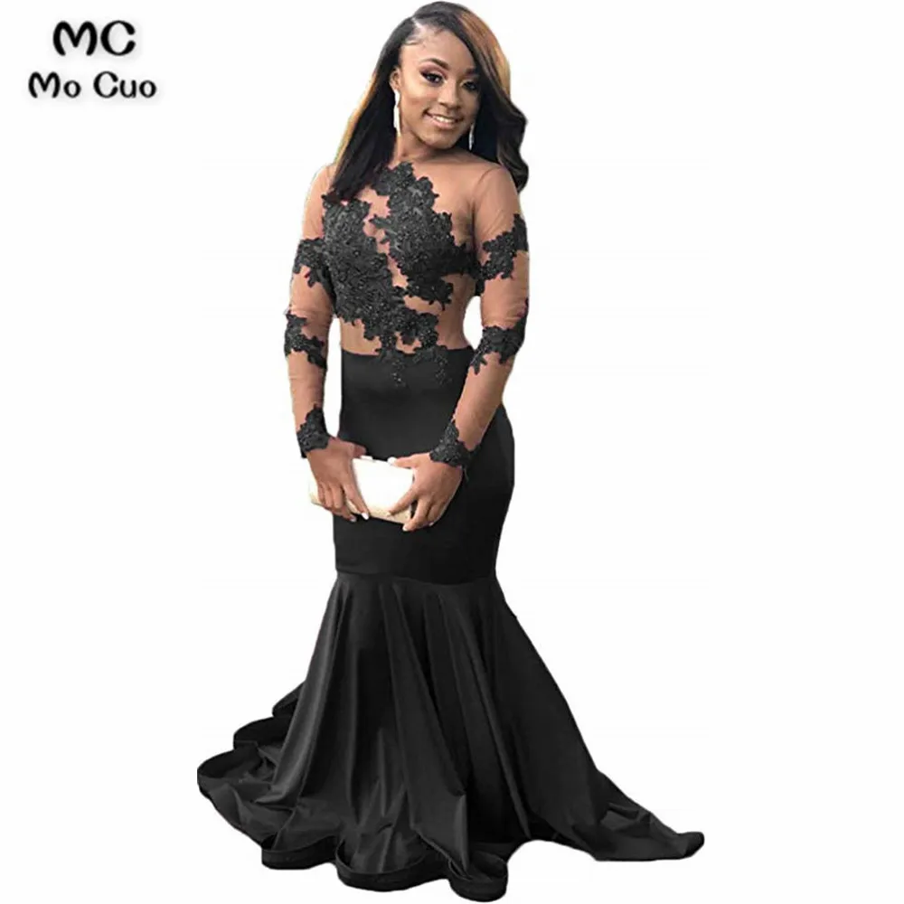 

Illusions African Mermaid Prom Dresses Long Sleeve with Lace Appliques Sweep Train Formal Evening Gowns Prom Dress