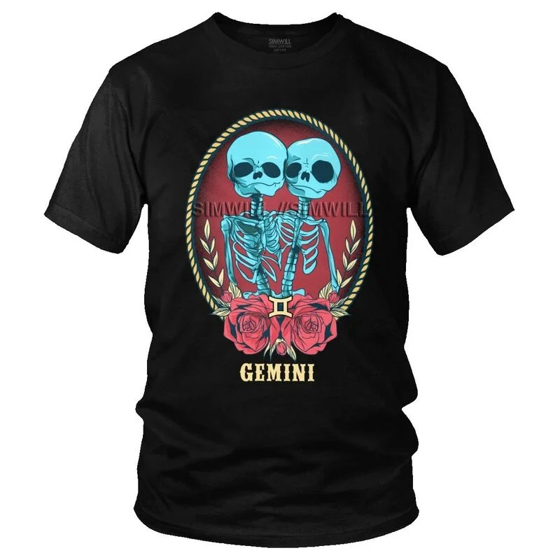 

Harajuku зодиака Близнецы Twin скелеты футболка Для мужчин хлопковая футболка с коротким рукавом в готическом стиле, Стиль уличная футболки-нови...