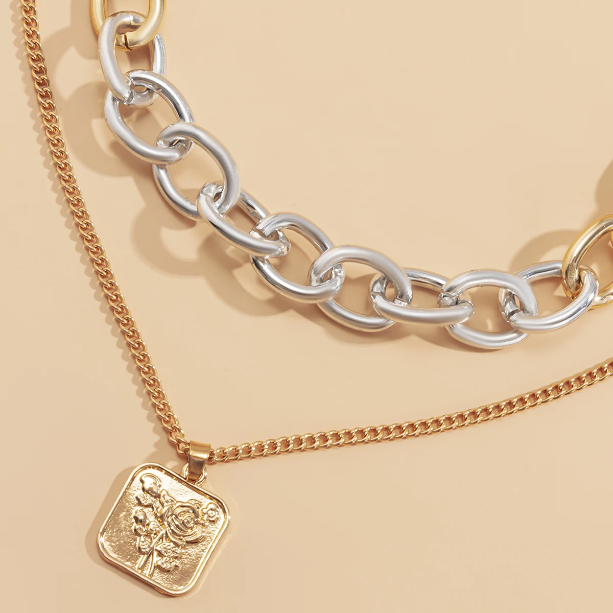 

2Pcs Punk Multi Layered Rose Carved Square Pendant Necklace Sliver & Gold Color Chunky Chain Choker Necklaces Statement Jewelry