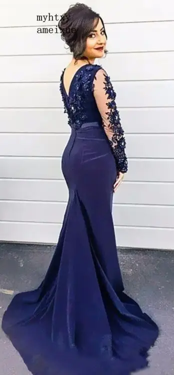 Navy Blue High Neck Lace Party Gowns 2020 Long Sleeves Appliqued Cheap Mermaid Evening Dresses Prom Long Formal Dress Dubai