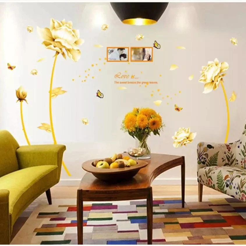 

3D Gold Tulip Wall Sticker Flower Living Room Bedroom Wall Decals Art Home Decor Decoration Poster Removable
