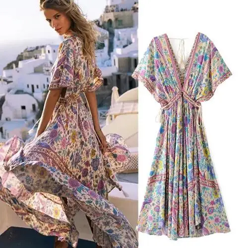 Винтажное богемное Асимметричное Платье с принтом сексуальное платье глубоким