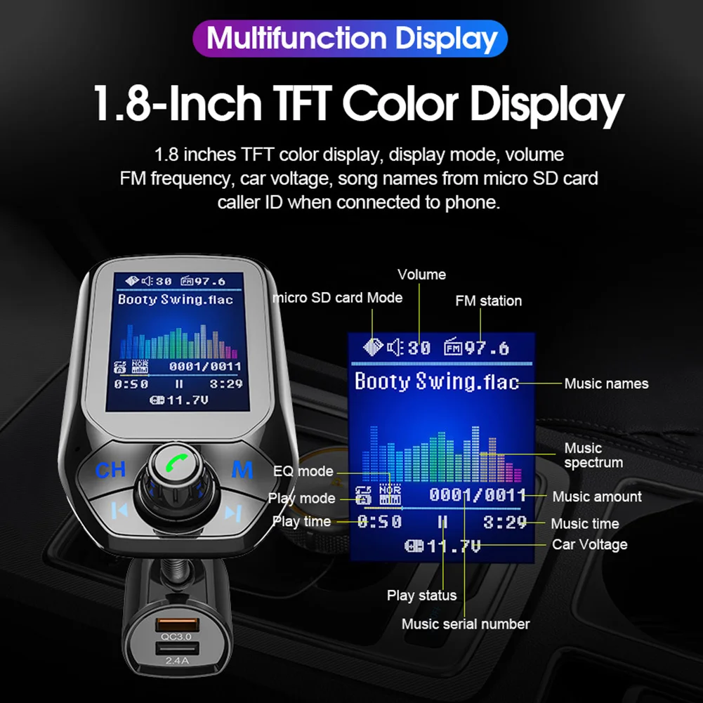 

Car Bluetooth FM Transmitter MP3 Player with QC3.0 Fasting Charging Dual USB Supports TF/AUX Drop Shipping