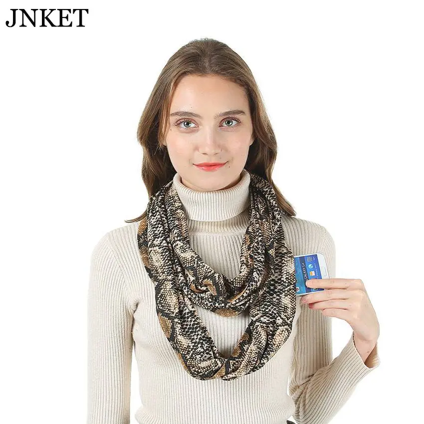 

JNKET Новый Для женщин петли шарфы Змеиный узор шарф Скрытая карман на молнии шарф хранения шарф для поездок