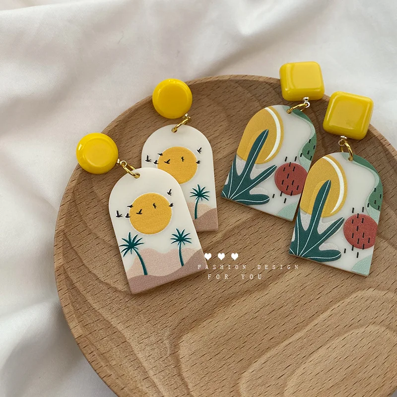 

Korean Earrings 2021 Trend Fashion Jewelry New Gold Plated Cute Long Colorful Sun Plant Acrylic Stud Earrings For Women GIft