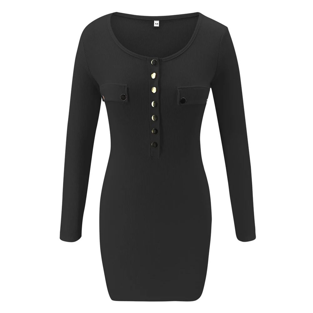 Женское облегающее платье с пуговицами повседневное однотонное v-образным