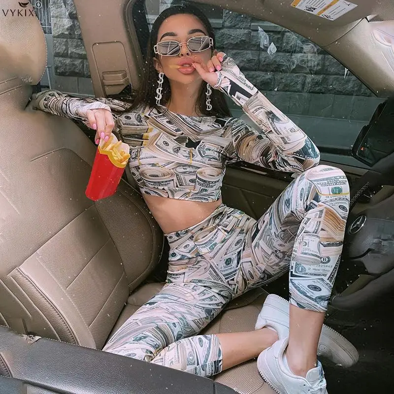 

Korean Dollar Print Women Two 2 Pieces Long Sleeve Crop Tops High Waist Legging Sets Streetwear Tracksuits Autumn Winter Outfits