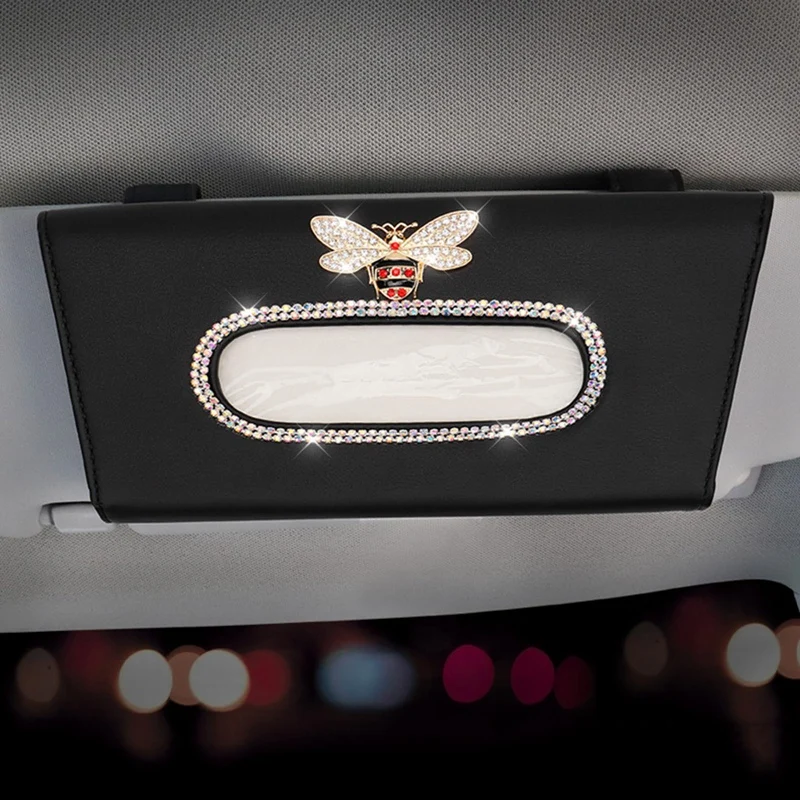 

Fashion Crystal Diamond Bee Car Tissue Box Sun Visor Type Rhinestone Leather Removable Tissue Case Napkin Papers Bag Holder