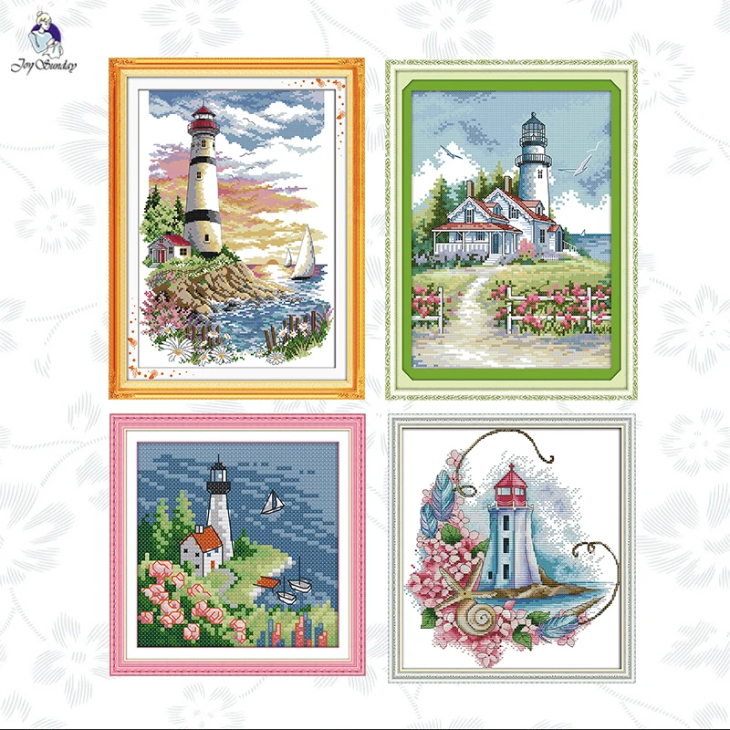 

Joy Sunday Lighthouse Scenery Pattern Printed Cross Stitch Kit 11CT14CT Counted Canvas Embroidery Handmade Needlework Gifts Sets