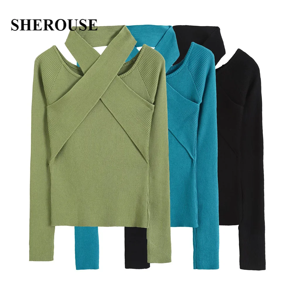 

Женский винтажный трикотажный топ с перекрещивающимися лямками и длинными рукавами Sherouse, стильный свитер