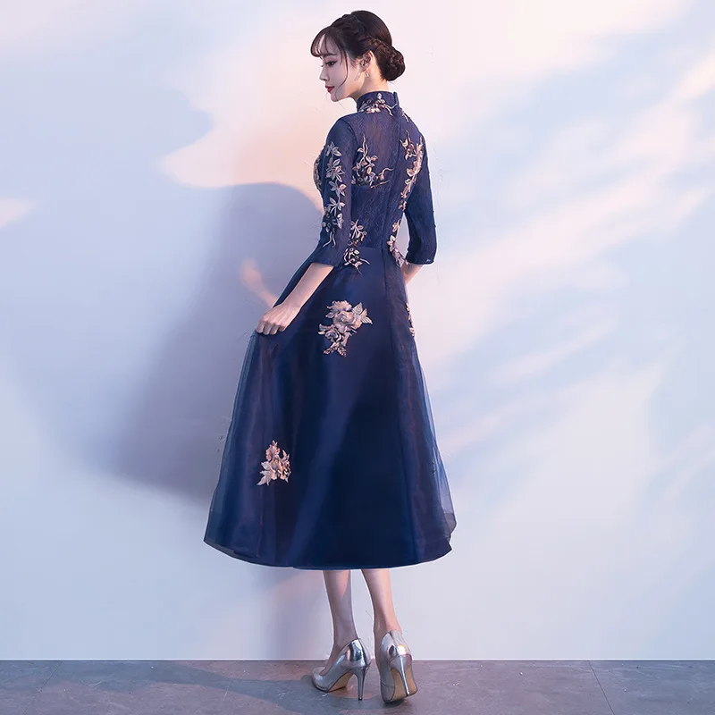 Темно синее женское кружевное платье с круглым вырезом для свадебной вечеринки