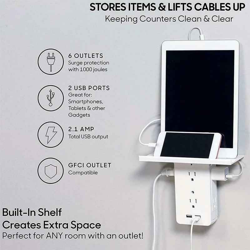 New Phone Honlder Switch Socket Rack Socket Shelf 6 Electrical Outlet Extenders Surge Protector Wall Outlet 2 USB Charging Ports