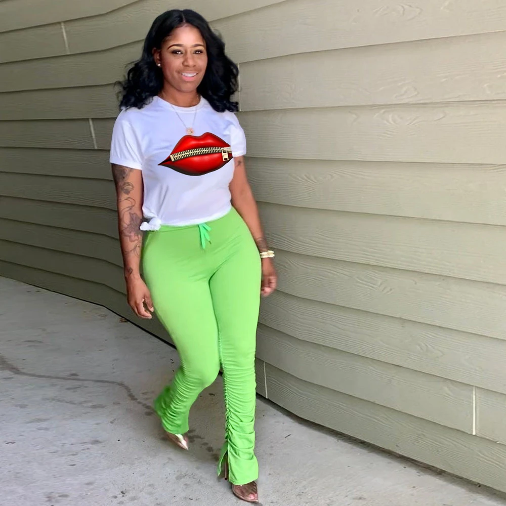 

2 Piece Set Women Outfits Split Stacked Pants And Print Tshirt Woman Streetwear Stacked Pants Matching Sets Summer Clothes