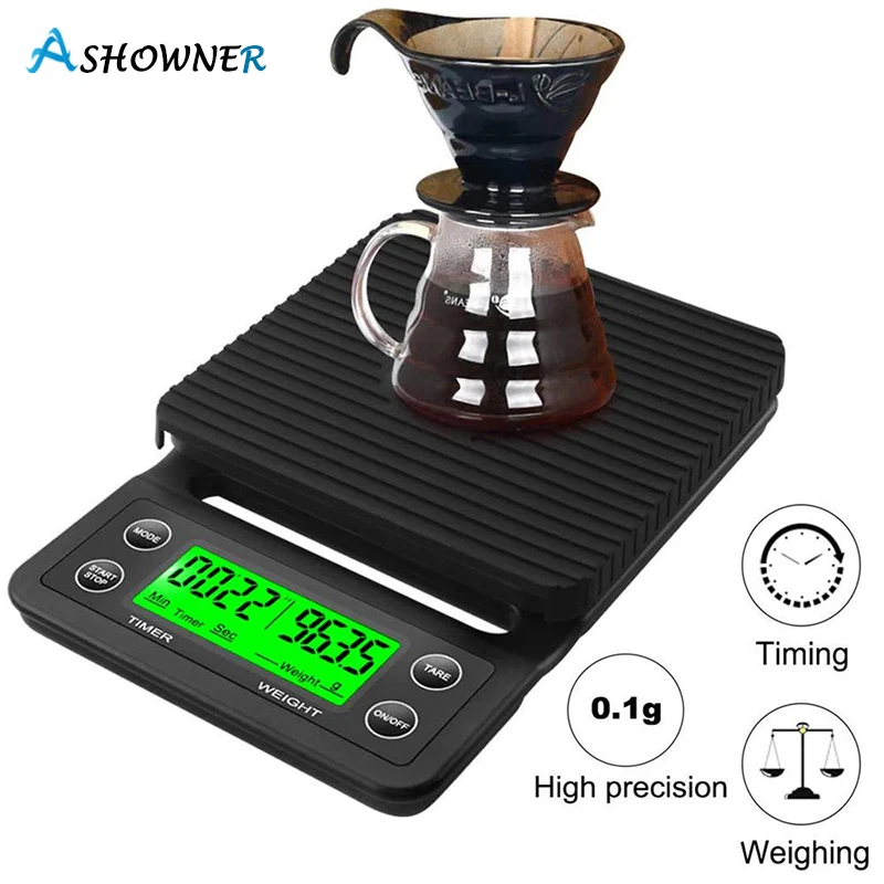 

Портативные электронные весы с таймером, высокоточный цифровой кухонный прибор для измерения массы 3 кг/5 кг, для кофе, с ЖК-дисплеем