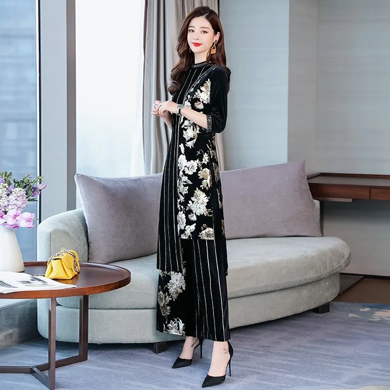 Женский элегантный весенний Бархатный комплект из двух предметов пуловер с