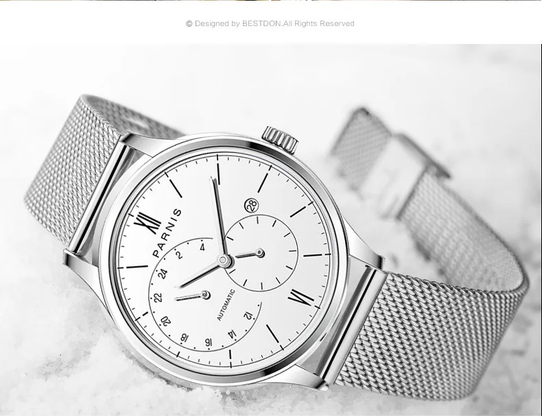 Мужские автоматические часы Parnis ультратонкие механические с сетчатым стальным