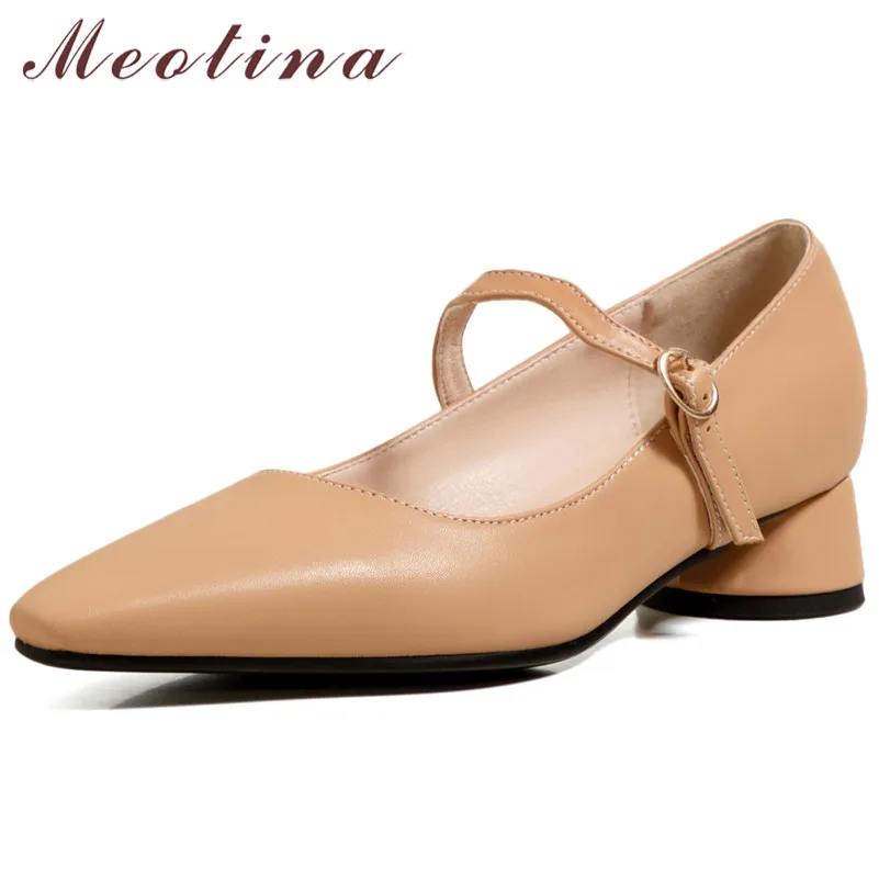 

Meotina Med Heels Mary Janes Shoes Women Buckle Strap Thick Heel Pumps Square Toe Dress Shoes Fashion Ladies Footwear Beige 46