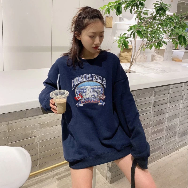

Girls Oversize Sweatshirts Embroidered Hoody Plus Velvet Loose Korean Style Ins Jacket Bf Lazy Keep Warm Womens Winter Tops