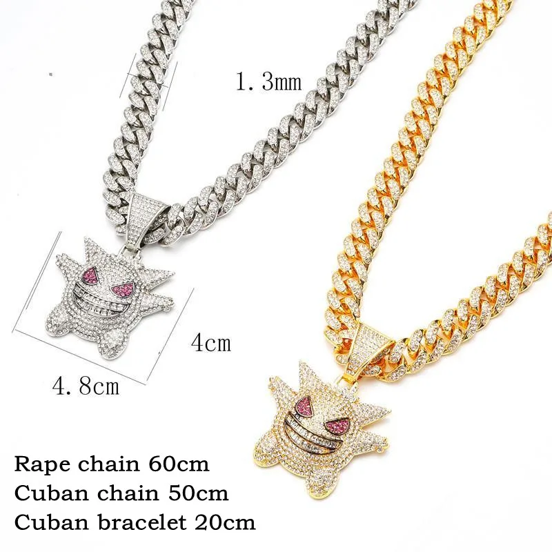 

Hip Hop Rock Iced Out Ghost Smile Bling Bling Gengar Pendant with 12mm Cuban Chain 3pcs Necklace Bracelet Watch Fashion Jewelry