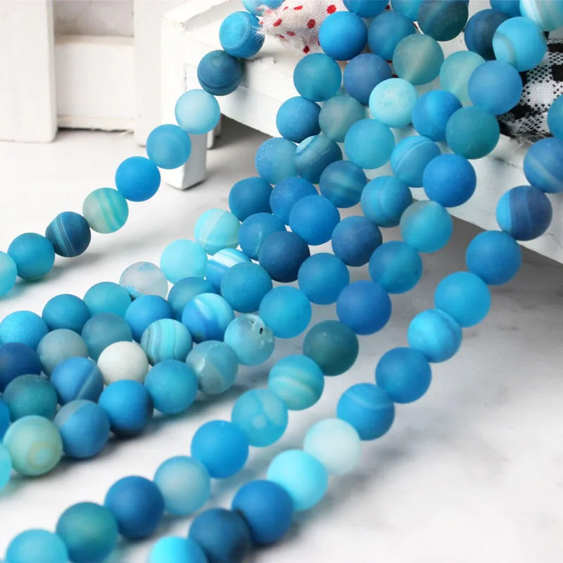 Бусины россыпью LanLi из натурального матового агата в синюю полоску 4/6/8/10/12 мм DIY