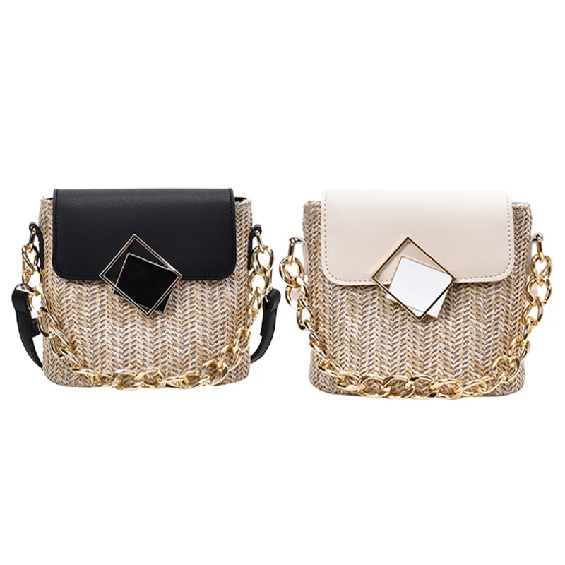 

Straw Bucket Bag Shoulder Messenger Handbag Ladies Hand Woven Bag Contrast Color Mini Bag