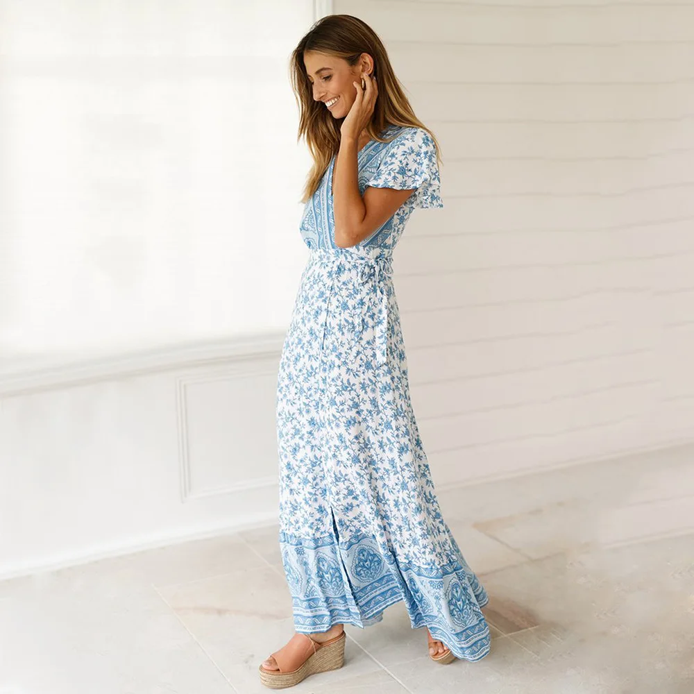 2020 богемное женское платье летнее Новое Стильное с большим подолом v образным