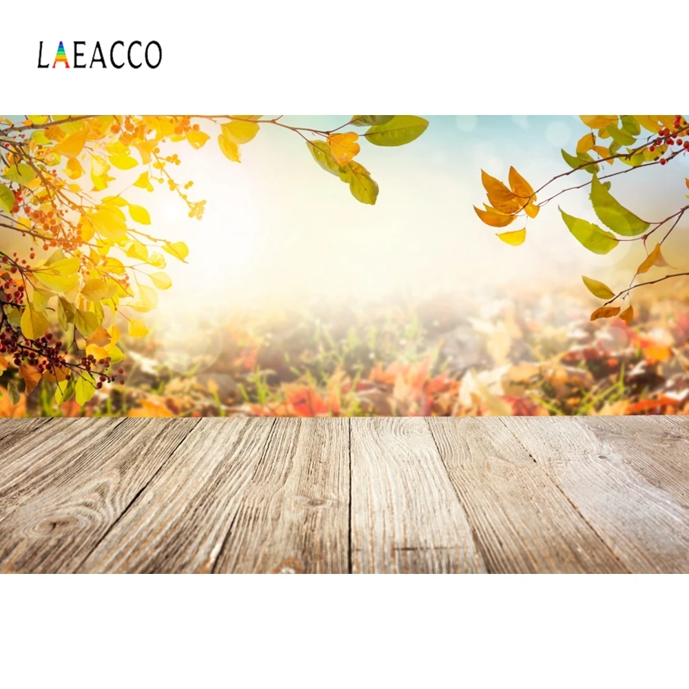 Laeacco осенний пейзаж желтые листья деревянный пол фон для фотосъемки