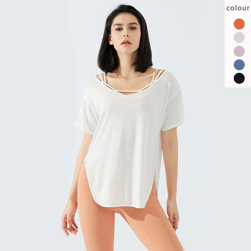 

UA_ROCK Breathable Quick-Dry Short Sleeve V-Neck Running T-Shirt Women Yoga Exercise T-Shirt Loose Fitness Sport Tees Top