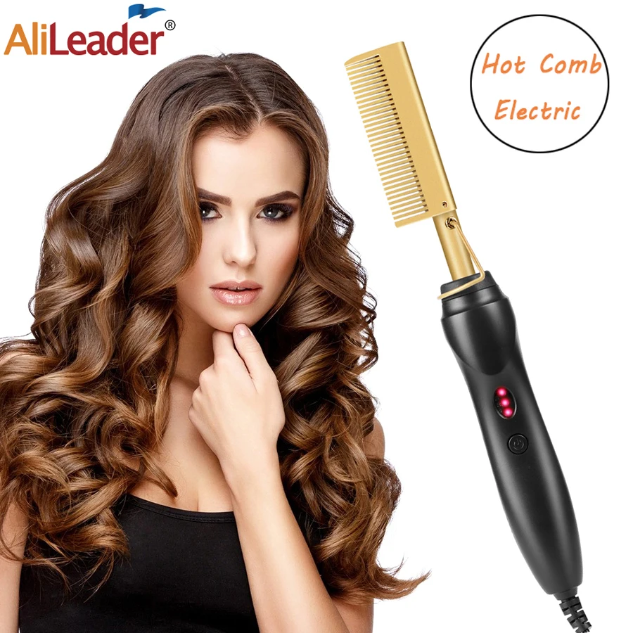 Gold Heated Hot Comb Electric Hot Straightening Heat Pressing Comb Curling Flat Iron Curler Hair Straightener For Natural Hair
