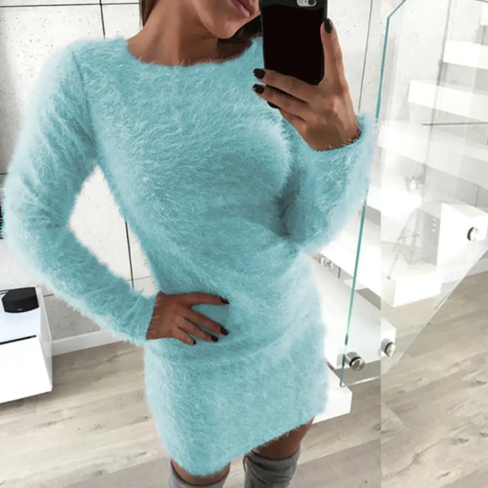 

Casual Women Autumn Winter Long Sleeve O Neck Sweater plush bag hip dress Plushy Bodycon Mini Dress Warm Outdoor Windproof